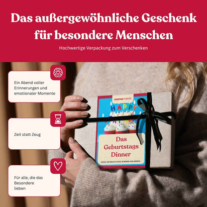 Frau hält eine liebevoll verpackte Geburtstag memomeals Erlebnisbox als Geschenk in den Händen