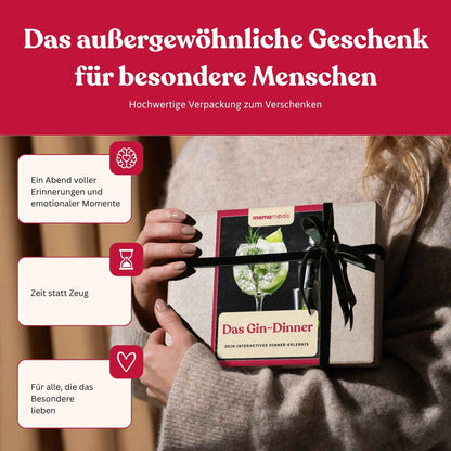 Frau hält eine liebevoll verpackte gin memomeals Erlebnisbox als Geschenk in den Händen