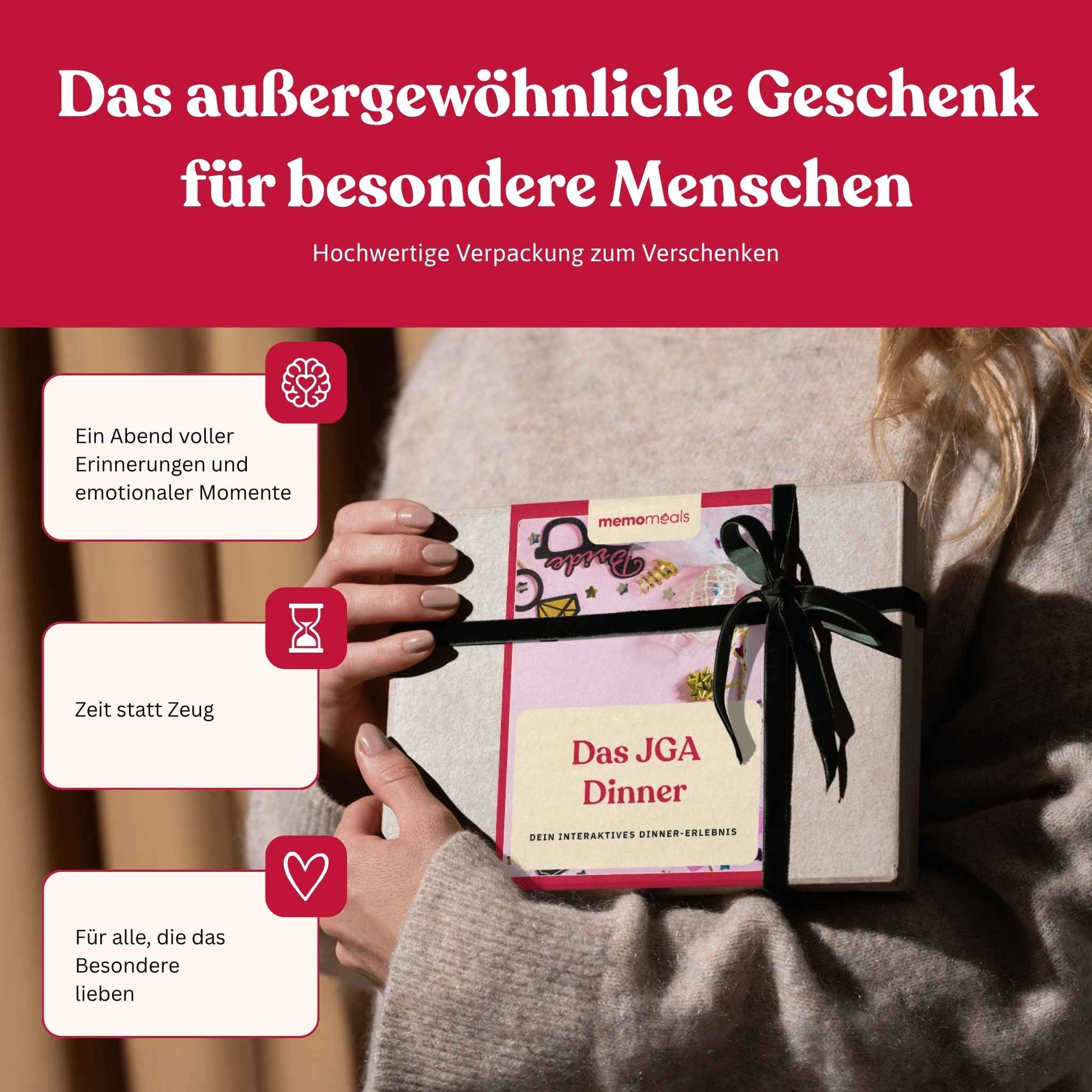 Frau hält eine liebevoll verpackte junggesellinnenabschied memomeals Erlebnisbox als Geschenk in den Händen