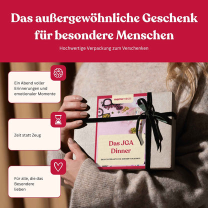 Frau hält eine liebevoll verpackte junggesellinnenabschied memomeals Erlebnisbox als Geschenk in den Händen