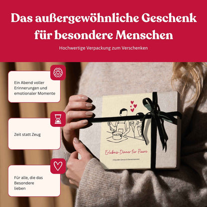 Frau hält eine liebevoll verpackte memomeals Erlebnisbox fuer Paare als Geschenk in den Händen