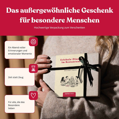 Frau hält eine liebevoll verpackte Erlebnis-Dinner box im Restaurant von memomeals als Geschenk in den Händen
