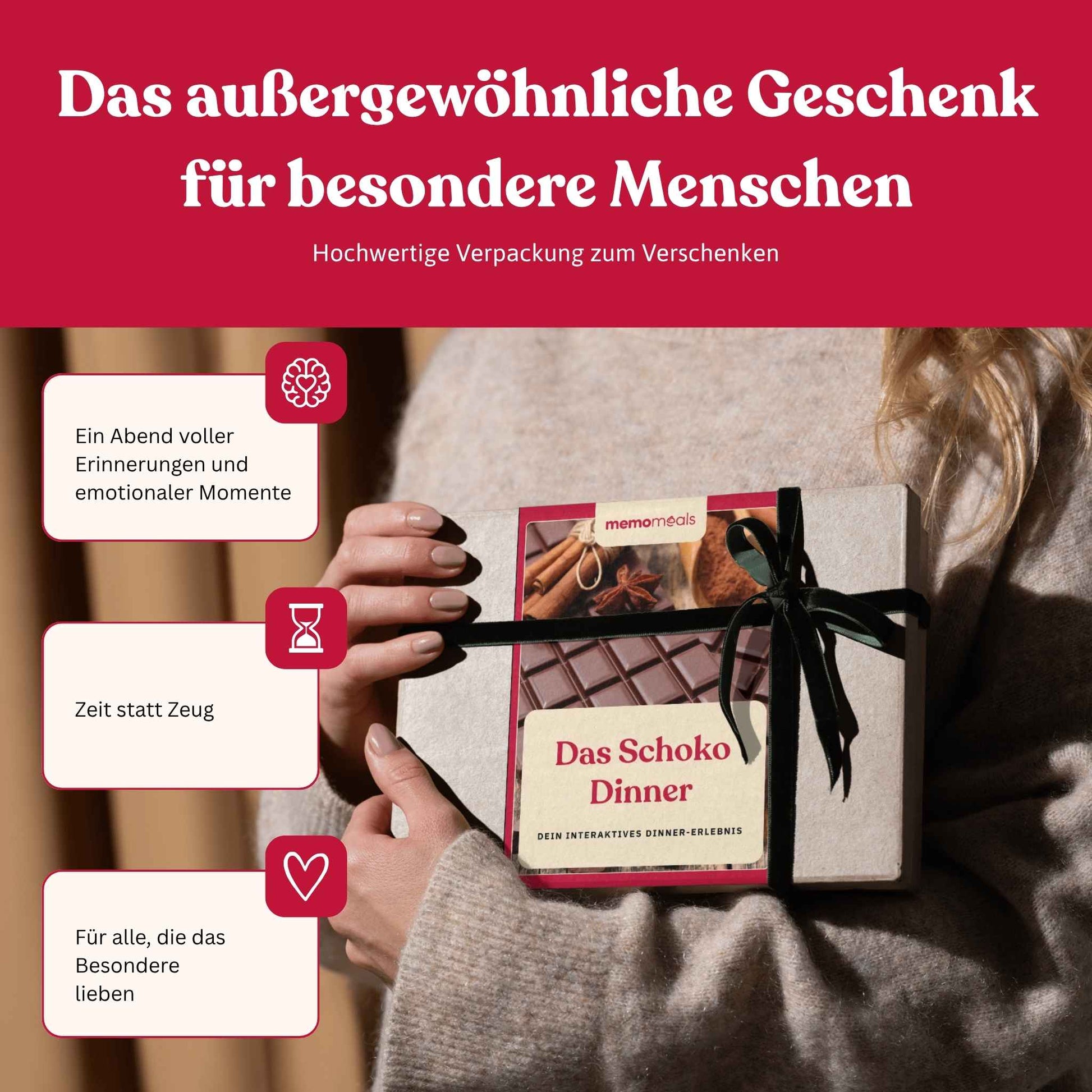 Frau hält eine liebevoll verpackte Schokoladen memomeals Erlebnisbox als Geschenk in den Händen