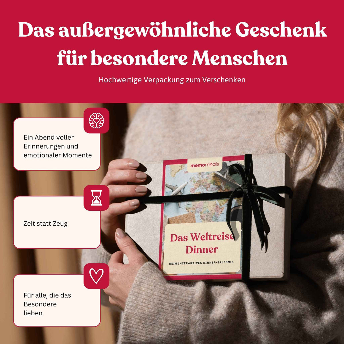 Frau hält eine liebevoll verpackte Weltreise memomeals Erlebnisbox als Geschenk in den Händen