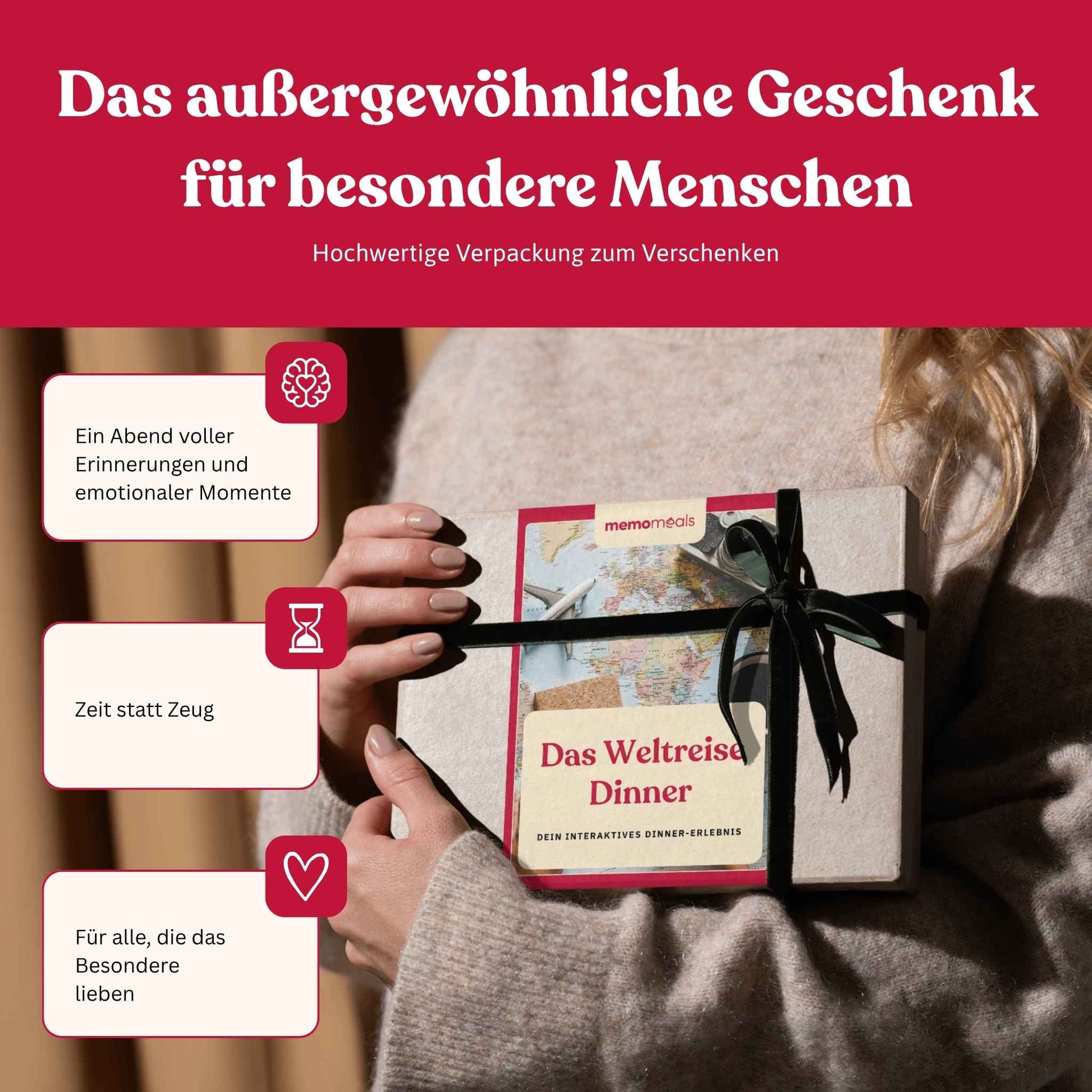 Frau hält eine liebevoll verpackte Weltreise memomeals Erlebnisbox als Geschenk in den Händen