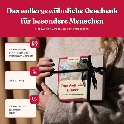 Frau hält eine liebevoll verpackte Weltreise memomeals Erlebnisbox als Geschenk in den Händen